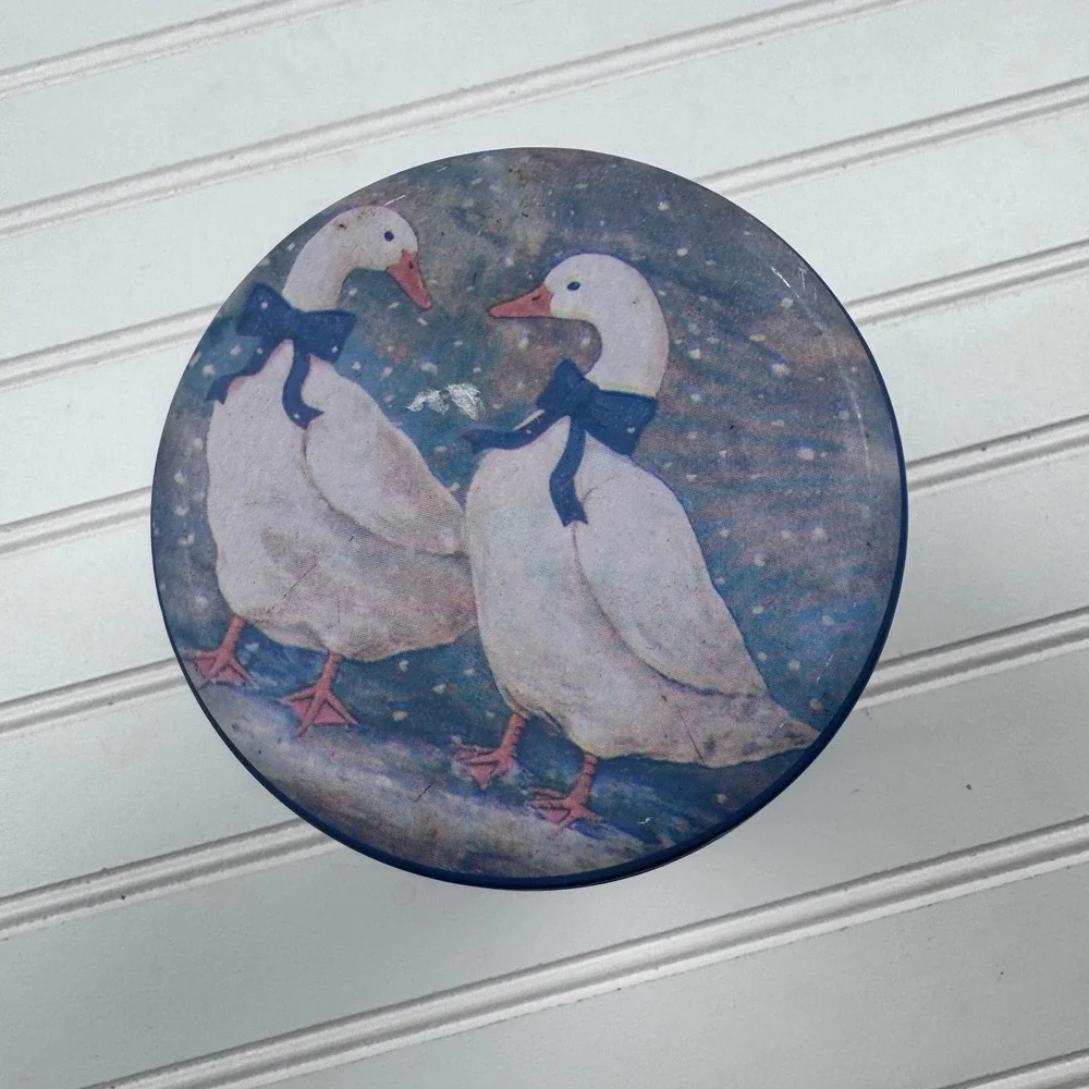 Vintage Set of 3 Round Tin Canisters w Lids Blue White Ducks Geese 1980s